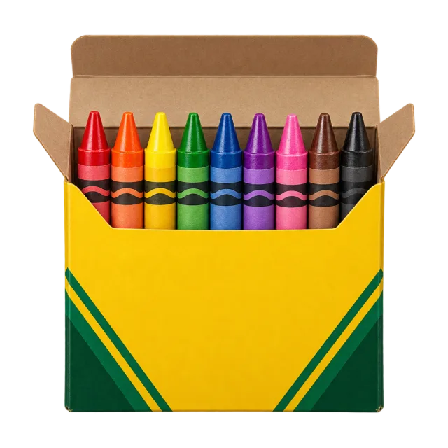 Realistic-style illustration of wax crayons in an open box