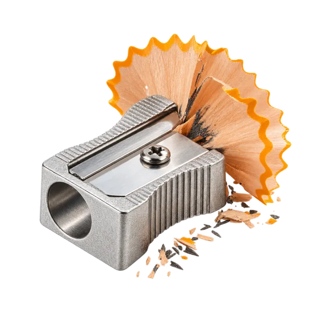 Realistic-style illustration of metal pencil sharpener with shavings
