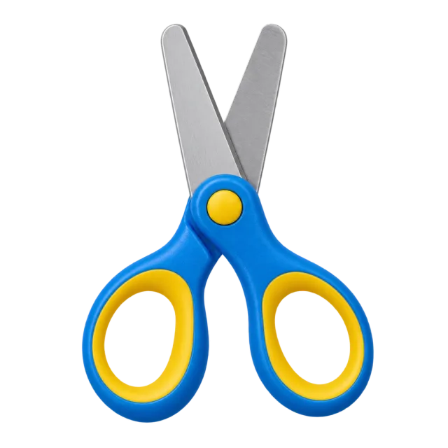 Realistic-style illustration of rounded scissors with blue handles