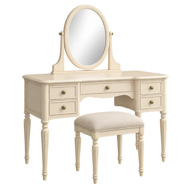 A cream dressing table with an oval mirror, drawers and matching padded stool