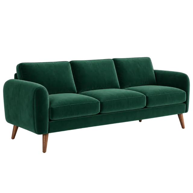 A deep green upholstered sofa with rounded arms and short wooden legs