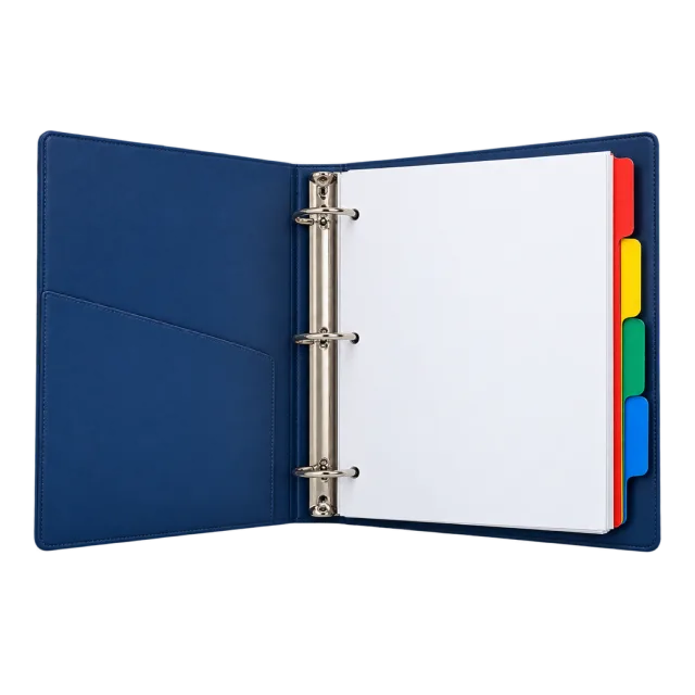 Realistic-style illustration of ring binder with colored dividers