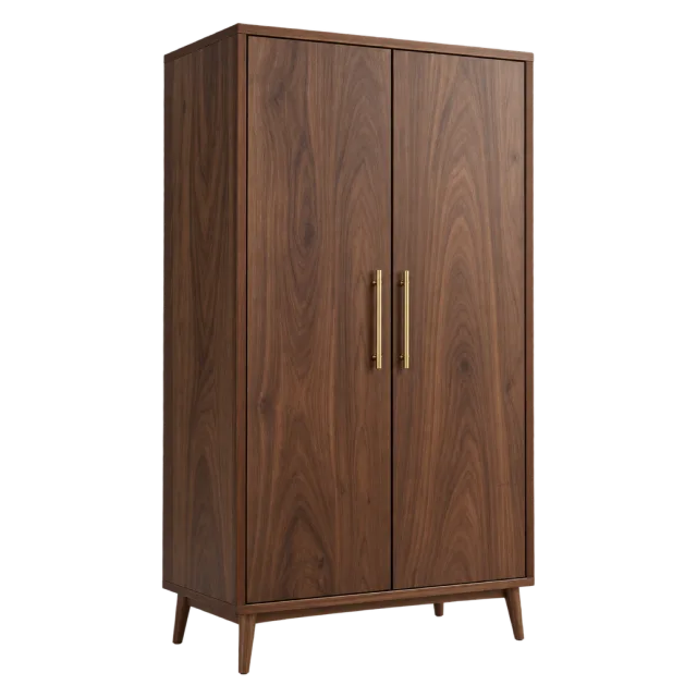 A tall brown wooden wardrobe with two doors, slim handles and angled feet