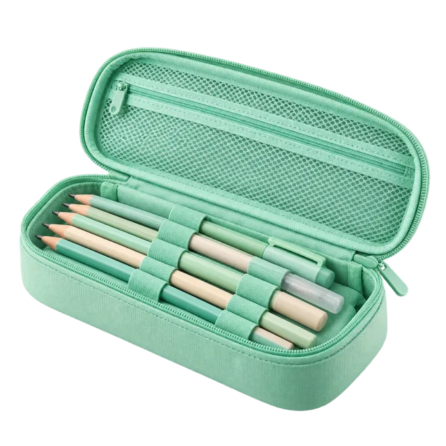 Realistic-style illustration of mint pencil case open with pencils