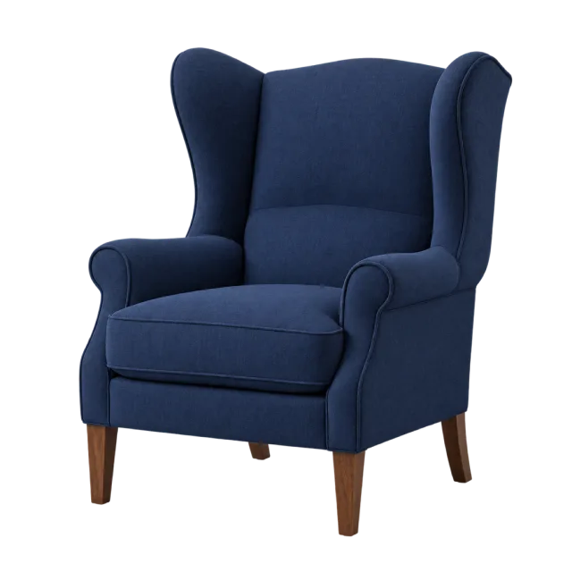 A navy blue wingback armchair with curved arms and dark wooden legs