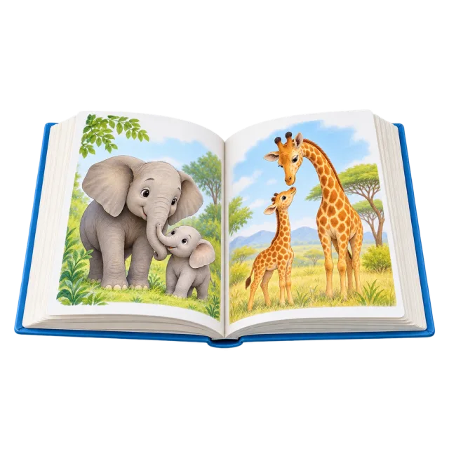 Realistic-style illustration of open animal picture book