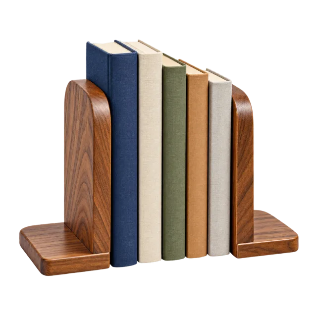 Realistic-style illustration of wooden bookends holding books