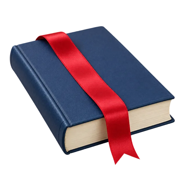 Realistic-style illustration of red ribbon bookmark draped over a book