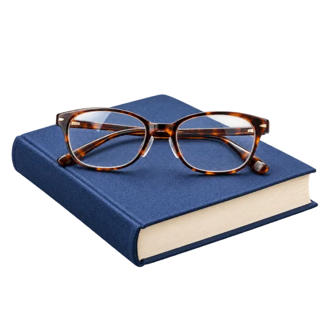 Realistic-style illustration of reading glasses on a closed book