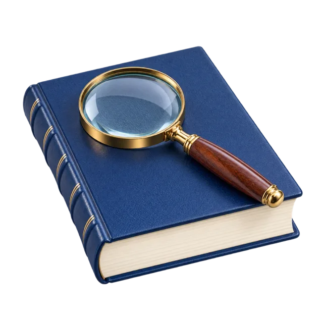 Realistic-style illustration of magnifying reading glass over a closed book