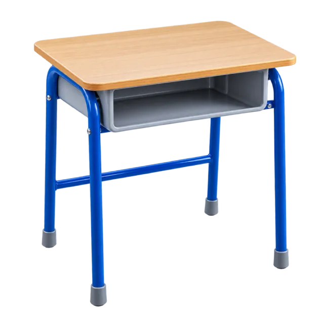 Realistic-style illustration of single student desk with blue metal legs