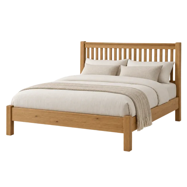 A light wood bed frame with a slatted headboard and neutral cream bedding