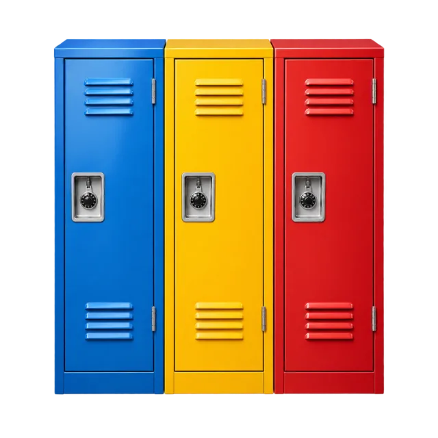 Realistic-style illustration of three colorful school lockers