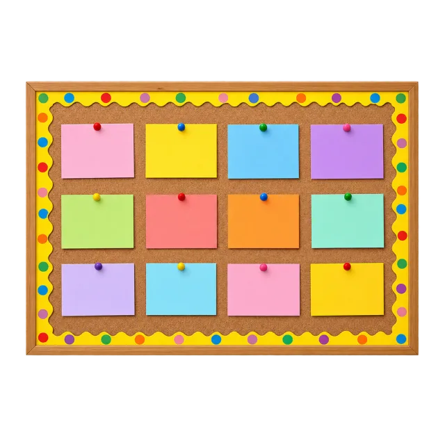Realistic-style illustration of classroom bulletin board with blank colorful cards