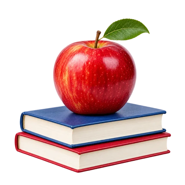 Realistic-style illustration of red apple resting on two books