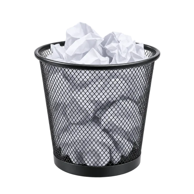 Realistic-style illustration of small wastepaper basket with crumpled paper