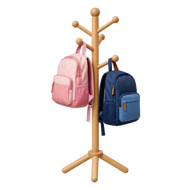 Realistic-style illustration of freestanding coat rack with two school bags