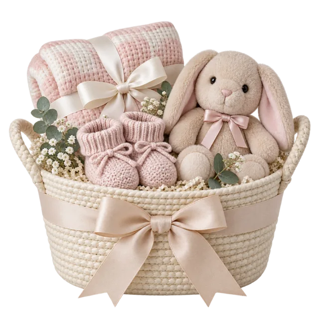 A cream woven basket holding a plush bunny, pink knitted booties and a folded blanket