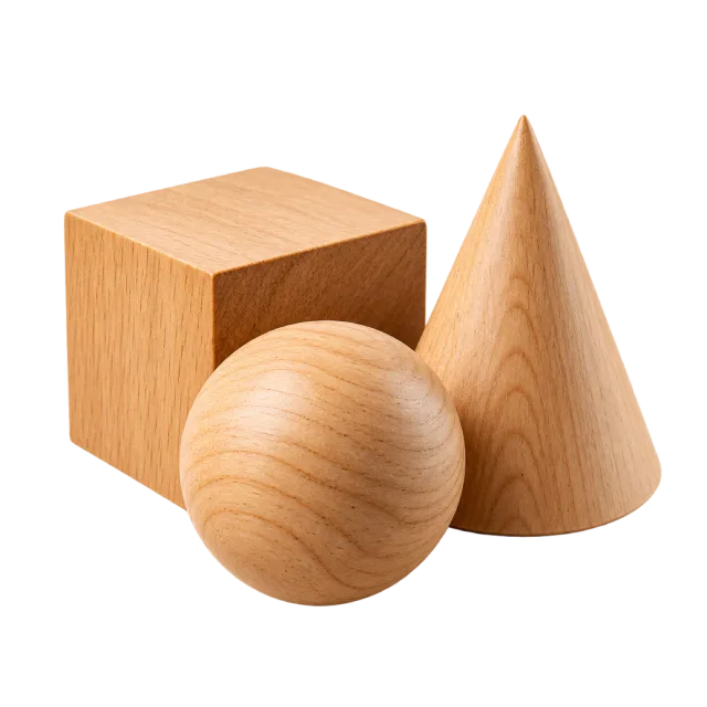 Realistic-style illustration of wooden cube cone and sphere