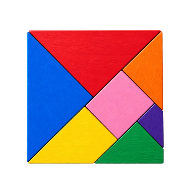 Realistic-style illustration of rainbow tangram pieces arranged as a square