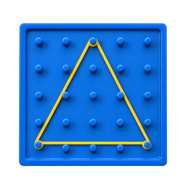 Realistic-style illustration of blue geoboard with a yellow rubber band triangle