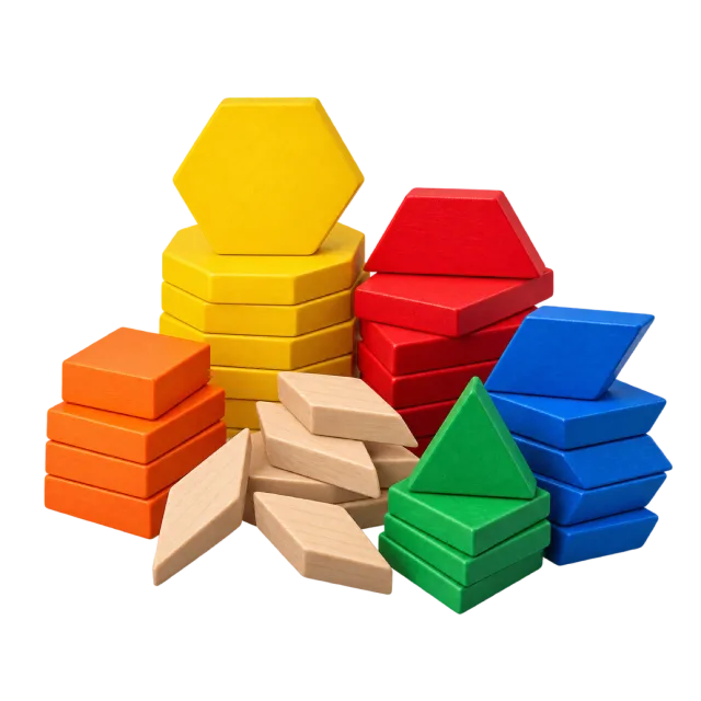 Realistic-style illustration of colorful geometric pattern blocks