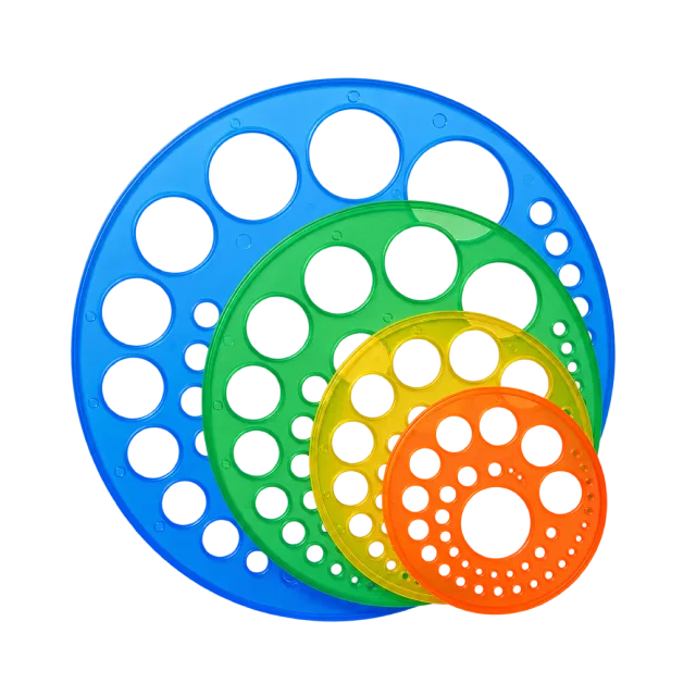 Realistic-style illustration of nested plastic circle drawing stencils