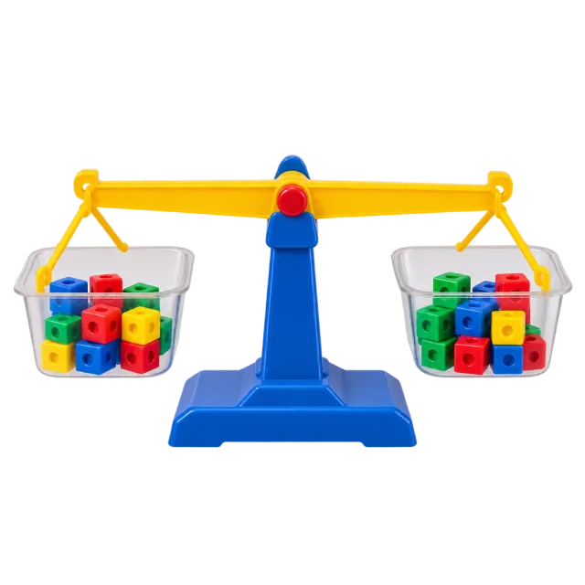 Realistic-style illustration of balance scale with counting blocks