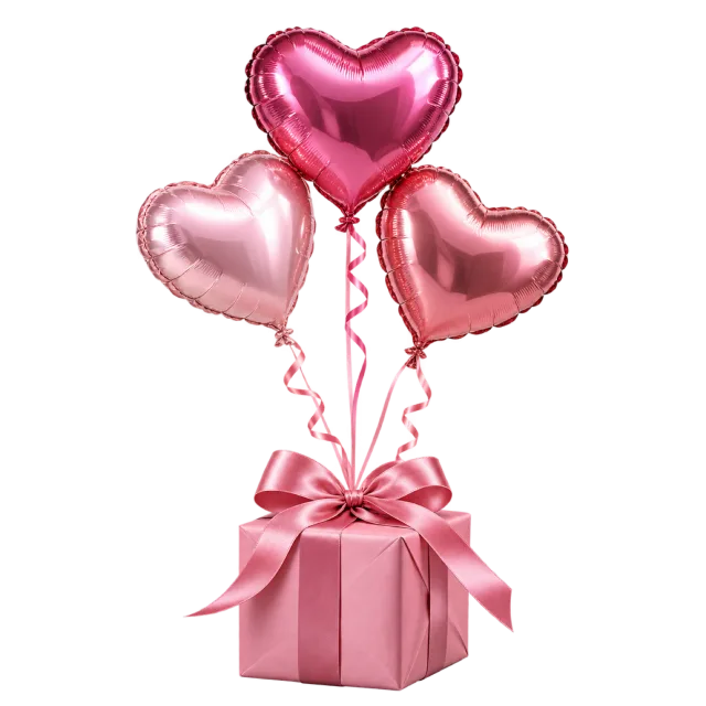 A pink ribbon-wrapped present beneath three metallic heart-shaped balloons