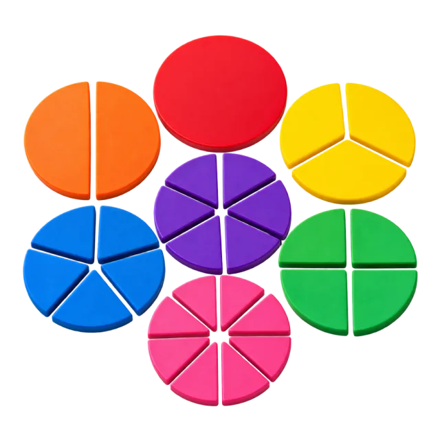 Realistic-style illustration of fraction circle manipulatives in bright colors