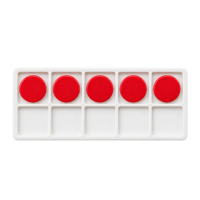 Realistic-style illustration of ten frame board with five red counters