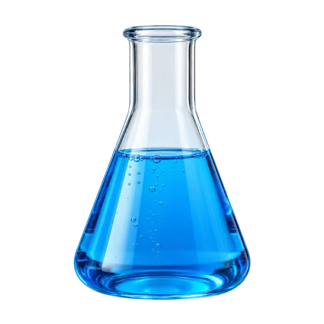 Realistic-style illustration of glass conical flask with blue liquid