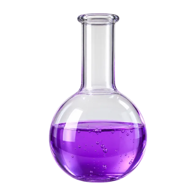 Realistic-style illustration of round bottom flask with purple liquid