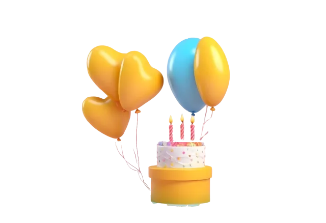 Small yellow birthday cake topped with candles beneath heart and oval balloons on a transparent background