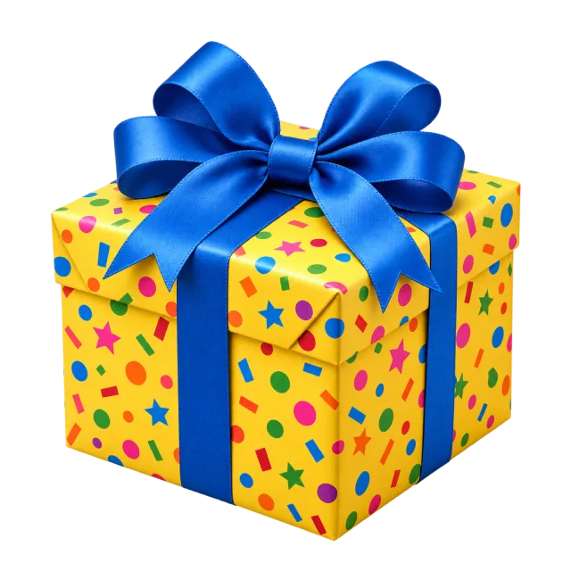 A yellow box patterned with colorful shapes and tied with a large blue ribbon