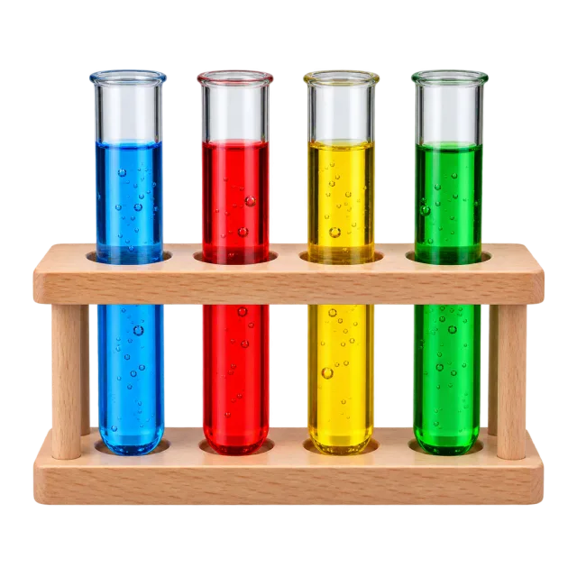 Realistic-style illustration of test tube rack with four colored liquid tubes
