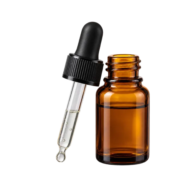 Realistic-style illustration of glass dropper beside a small amber vial