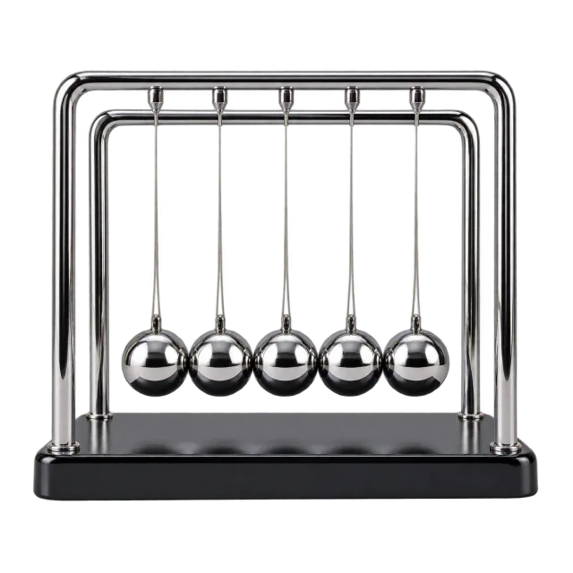 Realistic-style illustration of Newton cradle with metal balls