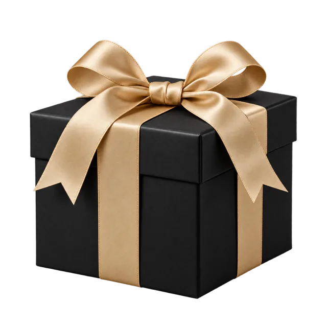 A matte black square box wrapped with a champagne-colored satin ribbon