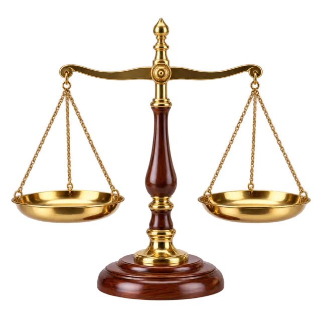 Realistic-style illustration of desktop balance scale with brass pans
