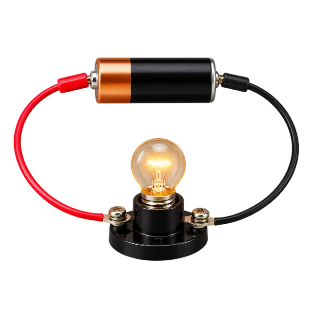 Realistic-style illustration of school electrical circuit with battery wire and bulb