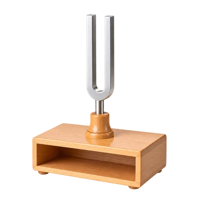 Realistic-style illustration of tuning fork on a wooden resonance box