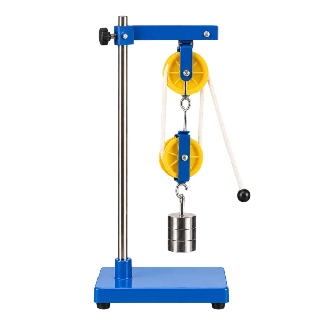 Realistic-style illustration of small pulley demonstration apparatus