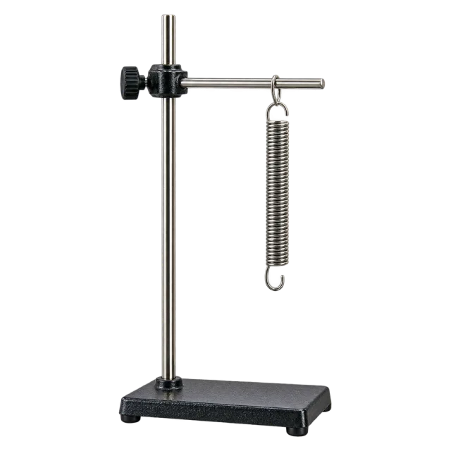 Realistic-style illustration of metal spring suspended from a laboratory stand