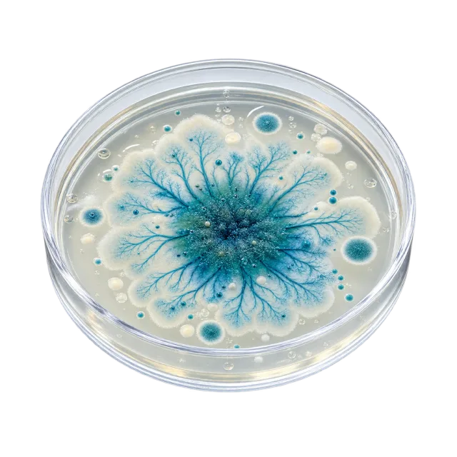 Realistic-style illustration of petri dish with abstract blue specimen