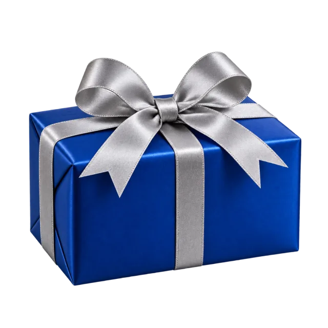 A rectangular royal blue present tied with a wide silver ribbon and bow