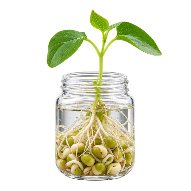 Realistic-style illustration of green seedling in a transparent germination jar