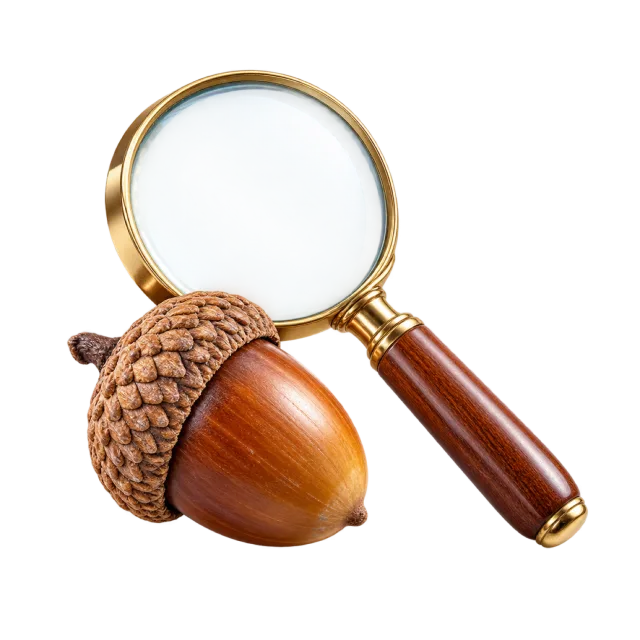 Realistic-style illustration of magnifying glass beside an acorn
