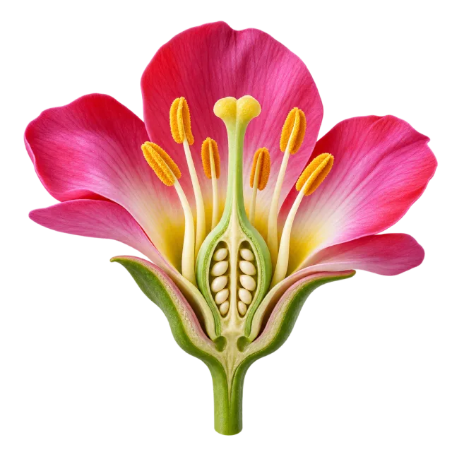 Realistic-style illustration of cutaway model of a flower with colorful petals