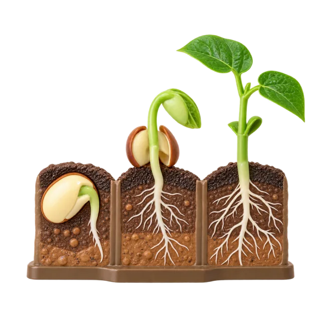 Realistic-style illustration of bean germination stages model